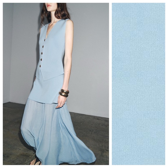 NWT. Zara Mid-Blue Viscose Blend Smooth Knit V-neck Vest Top. Size XL. - Picture 2 of 12